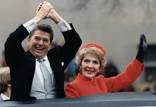 The Reagans waving from the limousine during the Inaugural Parade, 1981